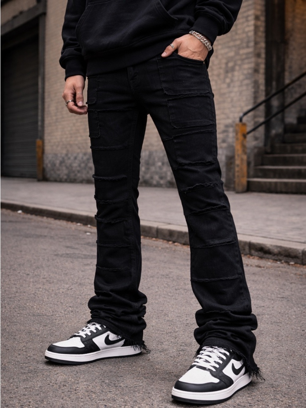 KDNK Black Distressed Stacked Skinny Jeans Long Inseam Streetwear Size 32x36